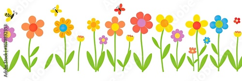 cheerful and vibrant illustration of a row of stylized flowers or tulips isolated on white background. a variety of colorful flowers in full bloom. flowers are supported by long,