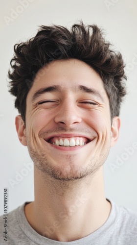 An attractive smiling man with his face distorted into the shape of a large, exaggerated smile.