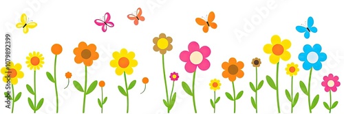 cheerful and vibrant illustration of a row of stylized flowers or tulips isolated on white background. a variety of colorful flowers in full bloom. flowers are supported by long,