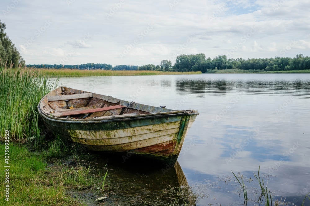 A weathered wooden boat rests on the grassy shore of a tranquil lake, under a partly cloudy sky. A weathered wooden boat rests on the grassy shore of a tranquil lake, under a partly cloudy sky.