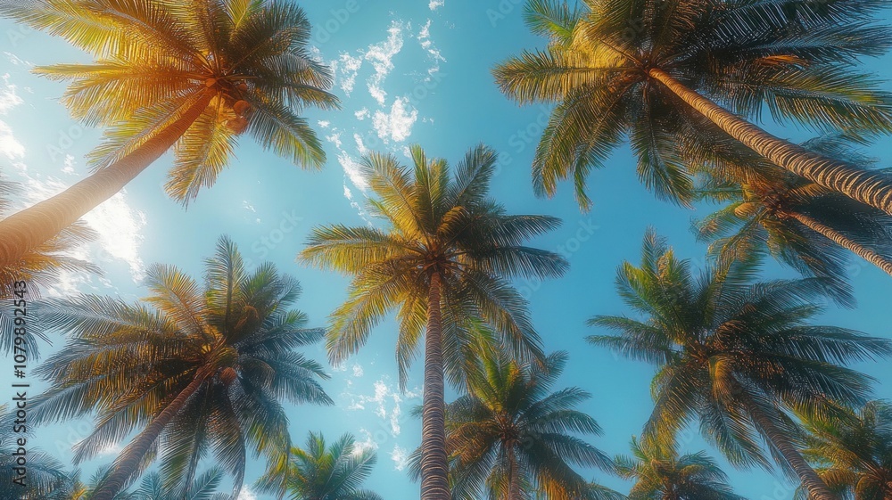 Fototapeta premium Palm trees in the sky with the sun shining through them. High Quality Image