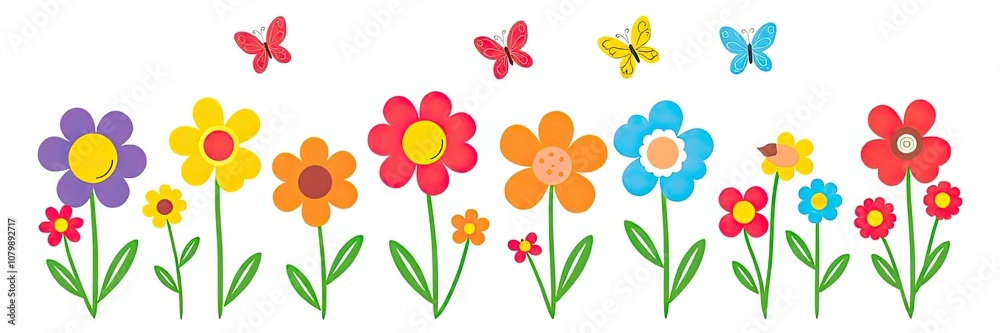 cheerful and vibrant illustration of a row of stylized flowers or tulips isolated on white background. a variety of colorful flowers in full bloom. flowers are supported by long, cheerful and vibrant illustration of a row of stylized flowers or tulips isolated on white background. a variety of colorful flowers in full bloom. flowers are supported by long,