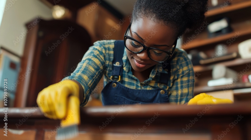 Woman Restoring Antique Table with Passion Woman Restoring Antique Table with Passion
