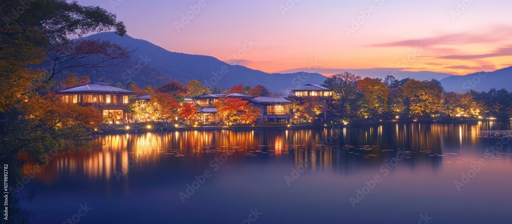 Scenic Sunset Over a Tranquil Lake with Buildings and Mountains Scenic Sunset Over a Tranquil Lake with Buildings and Mountains
