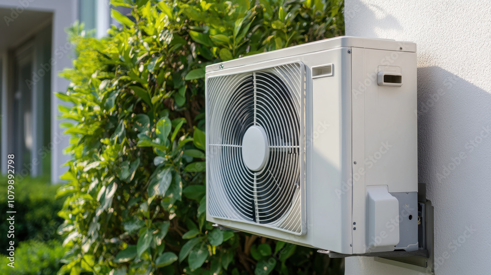Energy efficient mini split air conditioning unit mounted on wall, surrounded by lush greenery, providing comfort and cooling for residential spaces Energy efficient mini split air conditioning unit mounted on wall, surrounded by lush greenery, providing comfort and cooling for residential spaces