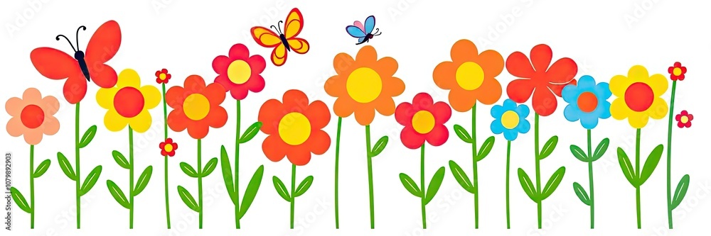 cheerful and vibrant illustration of a row of stylized flowers or tulips isolated on white background. a variety of colorful flowers in full bloom. flowers are supported by long, cheerful and vibrant illustration of a row of stylized flowers or tulips isolated on white background. a variety of colorful flowers in full bloom. flowers are supported by long,