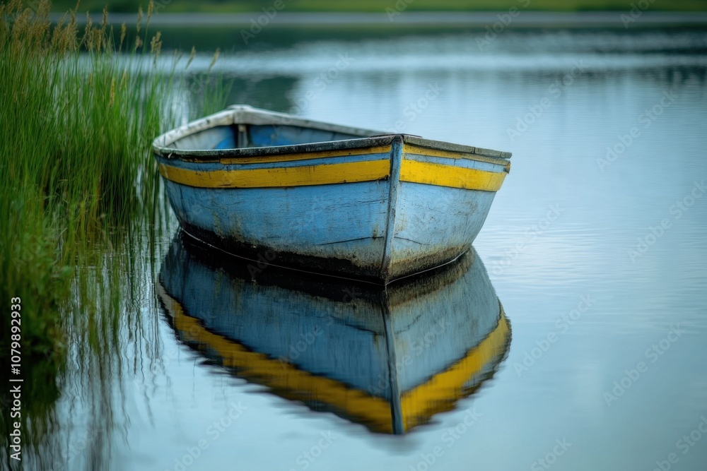 A weathered wooden boat with blue and yellow paint sits moored in calm water with a reflection. A weathered wooden boat with blue and yellow paint sits moored in calm water with a reflection.