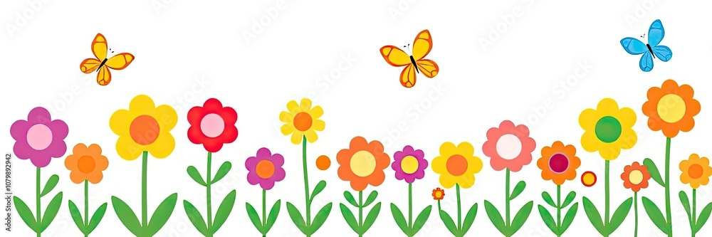 Obraz premium cheerful and vibrant illustration of a row of stylized flowers or tulips isolated on white background. a variety of colorful flowers in full bloom. flowers are supported by long,