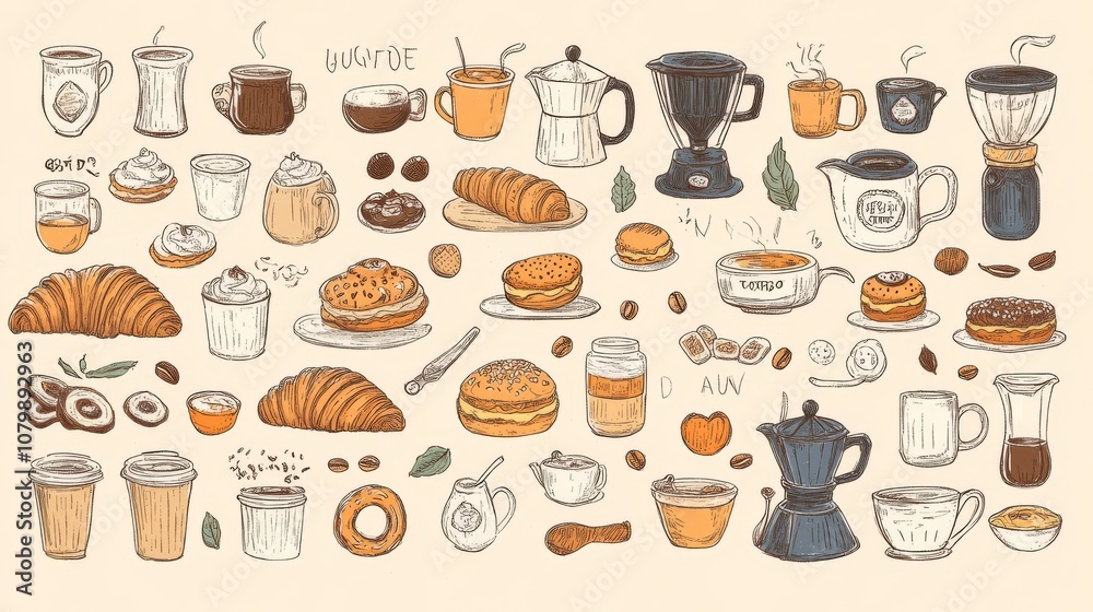 89.An assortment of hand-drawn coffee items and bakery treats, featuring everything from mugs and coffee pots to donuts and croissants. Each element is depicted in a fun, doodle style with warm 89.An assortment of hand-drawn coffee items and bakery treats, featuring everything from mugs and coffee pots to donuts and croissants. Each element is depicted in a fun, doodle style with warm