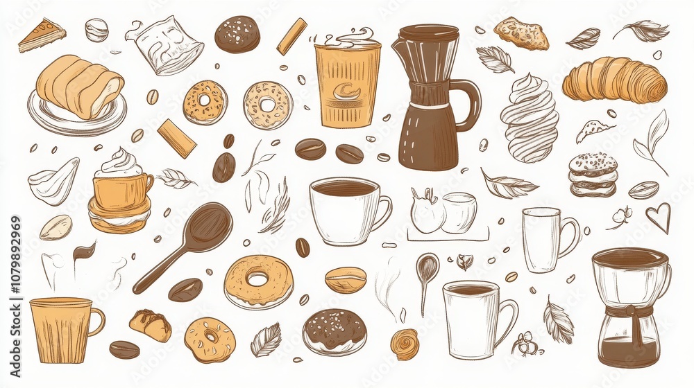 Fototapeta premium 89.An assortment of hand-drawn coffee items and bakery treats, featuring everything from mugs and coffee pots to donuts and croissants. Each element is depicted in a fun, doodle style with warm