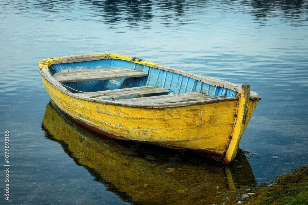 A weathered yellow wooden boat floats on calm blue water, its reflection mirrored beneath. A weathered yellow wooden boat floats on calm blue water, its reflection mirrored beneath.