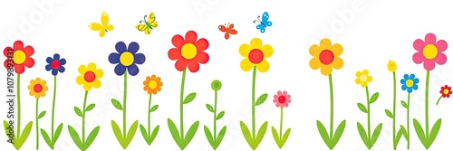 cheerful and vibrant illustration of a row of stylized flowers or tulips isolated on white background. a variety of colorful flowers in full bloom. flowers are supported by long,