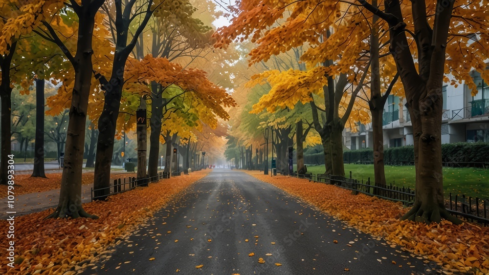 Naklejka premium As you walk down the quiet city road, the vibrant hues of autumn surround you, creating a picturesque scene that is both calming and invigorating.