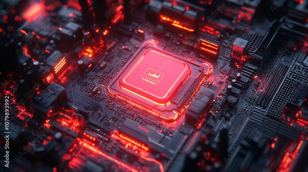 A glowing red processor chip on a circuit board. A glowing red processor chip on a circuit board.