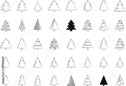 Christmas Tree simple line icons vector set. Christmas Tree with star thin line icons set. Linear fir, pine icon collection. New year holiday, Christmas symbol isolated on white vector Illustration.