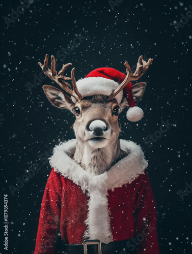 Christmas Reindeer Dressed as Santa Claus.