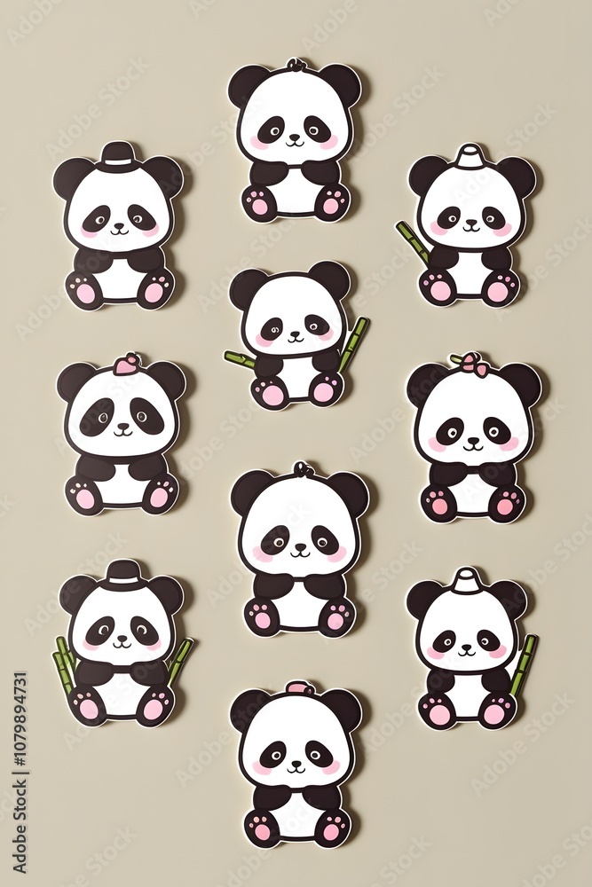 Fototapeta premium Cute Pandas in Different Outfits: A Collection of Adorable Cartoon Panda Stickers with Various Accessories