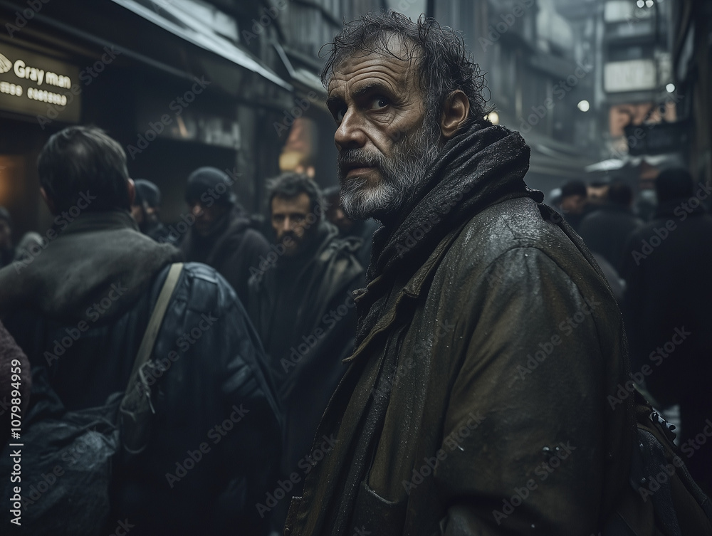An old man, survivalist, in a chaotic setting An old man, survivalist, in a chaotic setting