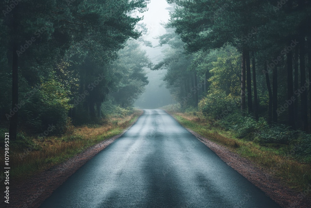 A winding road disappears into the fog and trees of a forest. A winding road disappears into the fog and trees of a forest.