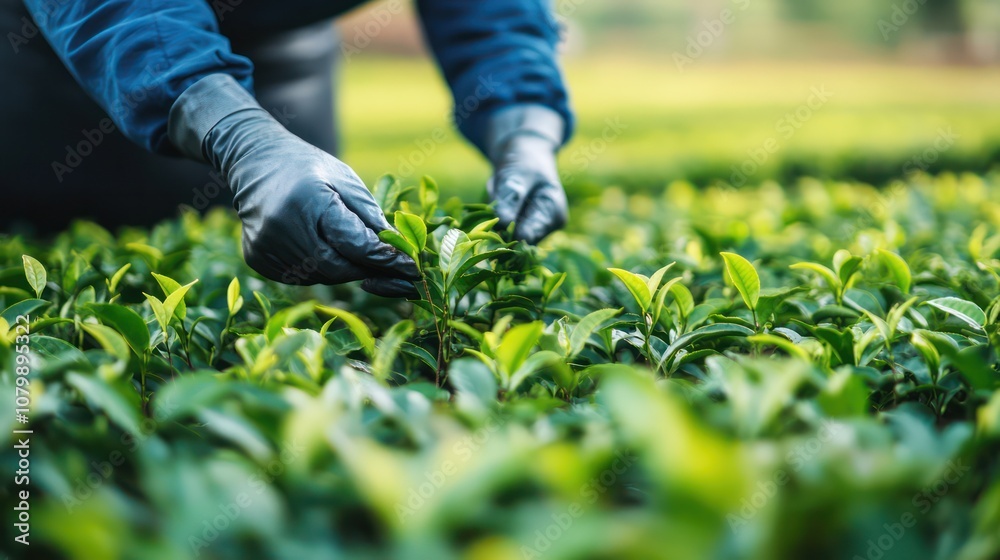 Tea field in Sri Lanka, organized rows of tea bushes, workers harvesting, lush setup. Tea field in Sri Lanka, organized rows of tea bushes, workers harvesting, lush setup.