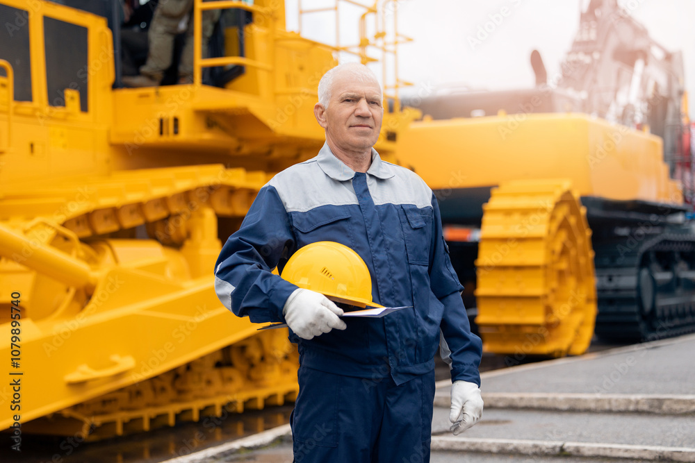Adult man builder in hardhat operate bulldozer on mining coal, driver of excavator working at construction site Adult man builder in hardhat operate bulldozer on mining coal, driver of excavator working at construction site