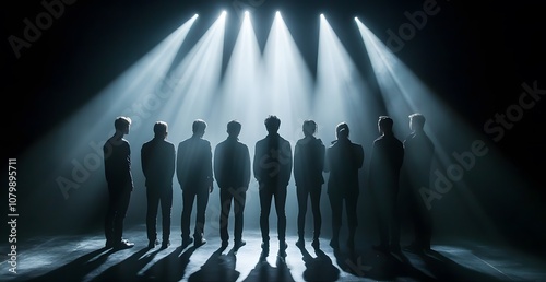 The group of people standing in front of the camera crew and cameras on stage were illuminated by spotlights. The silhouettes of men and women were visible, 