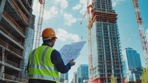 A vivid image of a construction site manager in a reflective vest and helmet, reviewing blueprints with a half-built skyscraper and cranes towering in the background