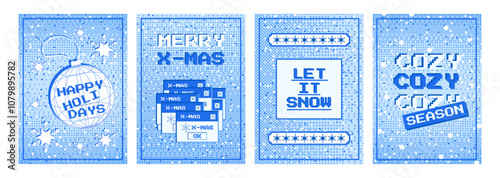 Set of pixel Christmas posters in retro style. Posters with bitmap texture. Vector template for banner, social media post, holiday cover