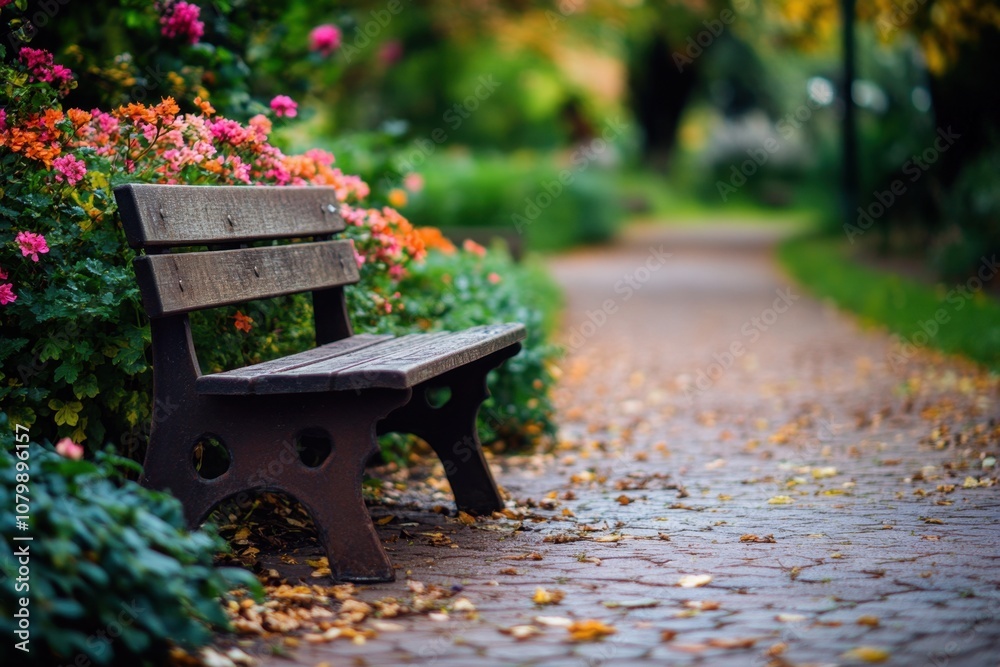 A wooden bench sits by a brick path in a garden with vibrant flowers. A wooden bench sits by a brick path in a garden with vibrant flowers.