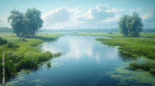 Serene river landscape with lush greenery and soft clouds.