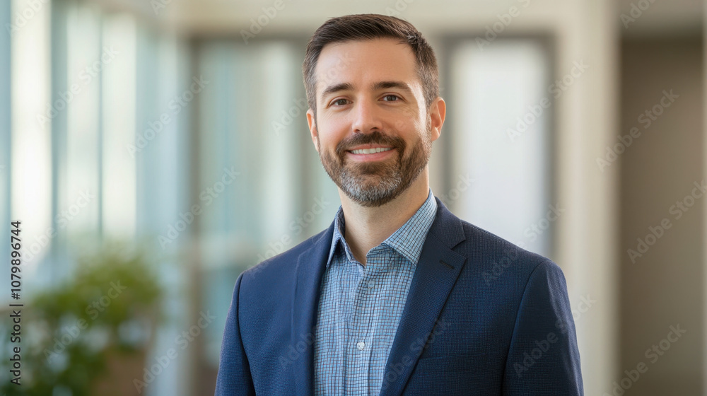 professional man in suit stands confidently in modern office environment, showcasing friendly demeanor and welcoming smile professional man in suit stands confidently in modern office environment, showcasing friendly demeanor and welcoming smile