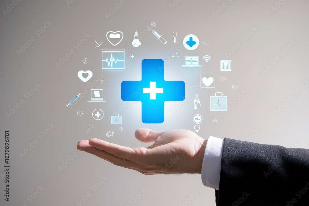 Holographic Medical Cross with Healthcare Icons in a Businessman’s Hand Holographic Medical Cross with Healthcare Icons in a Businessman’s Hand