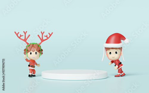 3d podium empty with santa claus girl boy isolated on blue background. poster or happiness cards, merry christmas, festive New Year concept, 3d render illustration photo