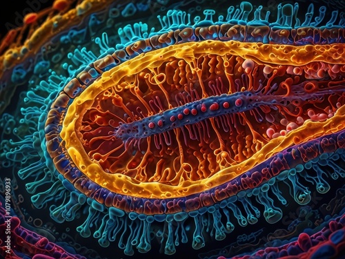 Vibrantly Pulsating Eukaryote Cell with Bustling Organelles and Shimmering Nucleus photo