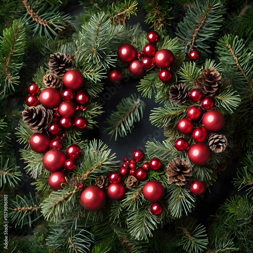 Golden Christmas ball ornaments hanging on a green fir branch with red ribbon, perfect for holiday decorations