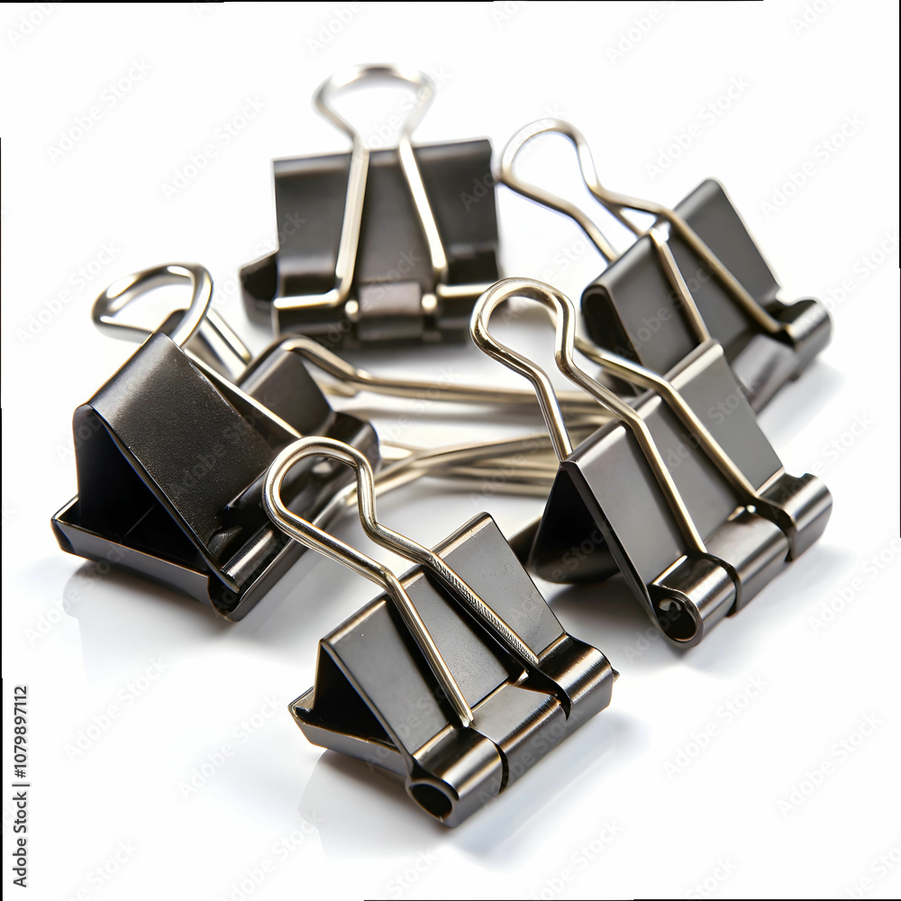 Black metal binder clips on a white background High-quality photo Black metal binder clips on a white background High-quality photo