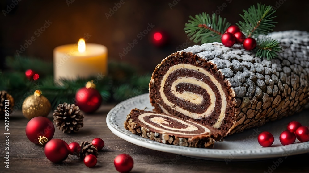 A festive Christmas cake with chocolate, nuts, and cream, perfect for holiday celebrations A festive Christmas cake with chocolate, nuts, and cream, perfect for holiday celebrations