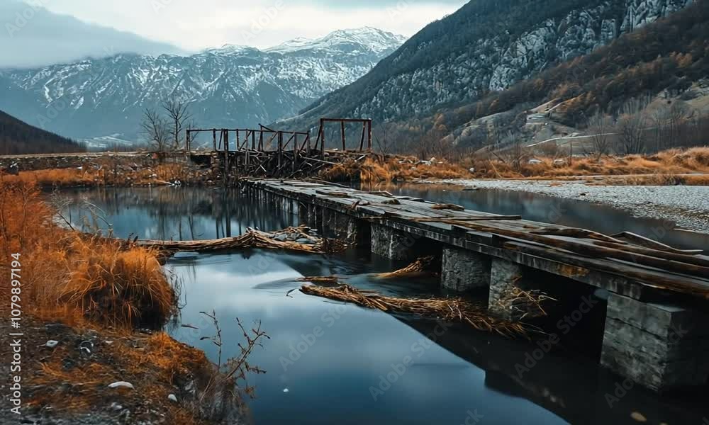 A rustic wooden bridge over still water, surrounded by mountains and autumn foliage. A rustic wooden bridge over still water, surrounded by mountains and autumn foliage.