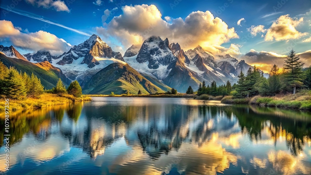 A serene mountain lake reflecting the golden hues of a breathtaking sunset, with towering peaks and lush greenery A serene mountain lake reflecting the golden hues of a breathtaking sunset, with towering peaks and lush greenery