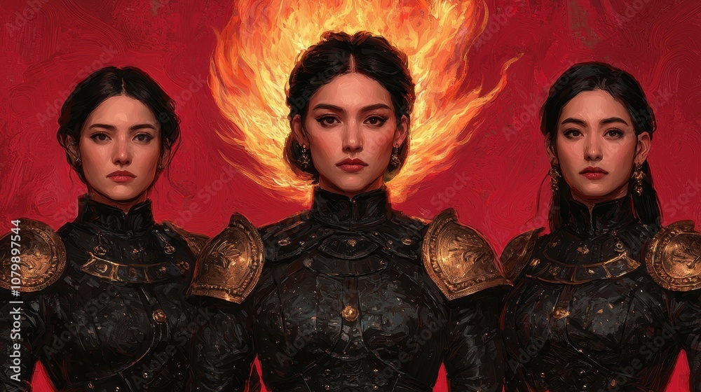 Fototapeta premium Epic warrior sisters embracing fire magic enchanted realm fantasy art dramatic atmosphere heroic perspective power and unity