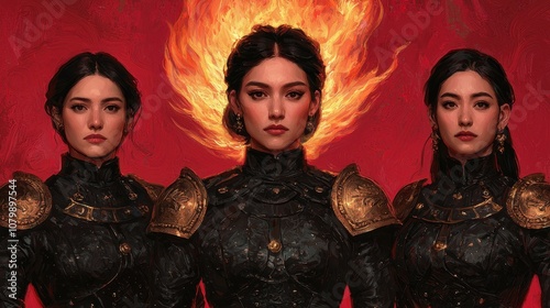 Epic warrior sisters embracing fire magic enchanted realm fantasy art dramatic atmosphere heroic perspective power and unity