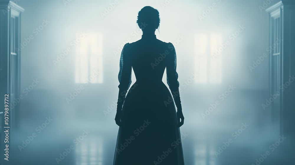 Fototapeta premium Mysterious silhouette of a victorian woman dimly lit room artistic photography ethereal atmosphere back view concept of mystery and elegance