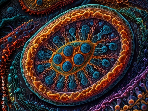 Vibrantly Pulsating Eukaryote Cell with Bustling Organelles and Shimmering Nucleus photo