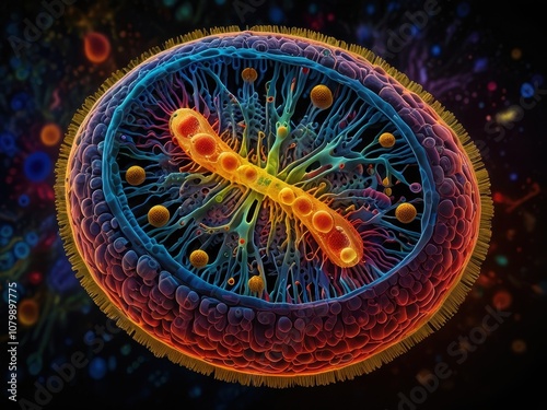 Vibrantly Pulsating Eukaryote Cell with Bustling Organelles and Shimmering Nucleus photo