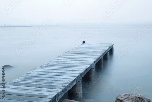 A wooden pier extends into a foggy lake.