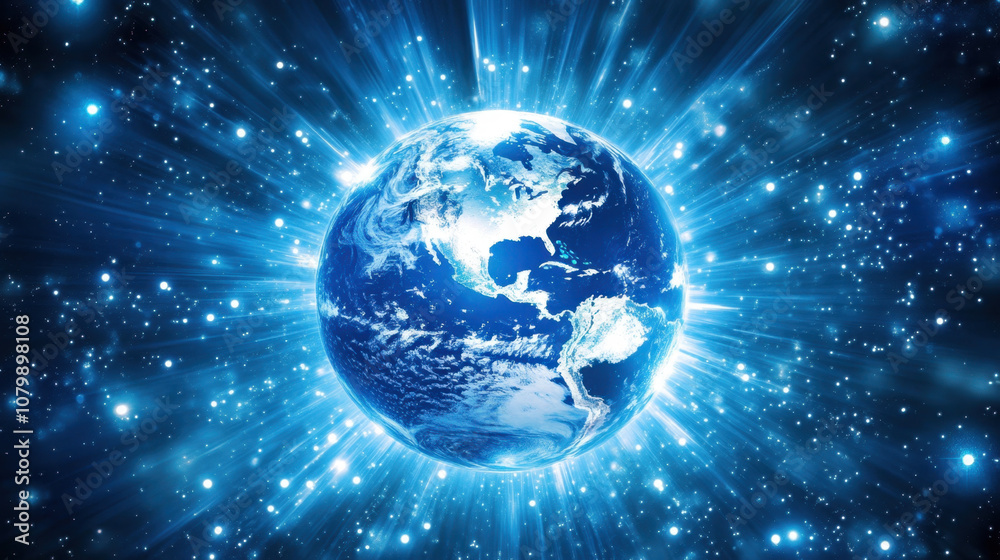 stunning depiction of Earth surrounded by radiant blue light and cosmic energy, symbolizing technology and global connectivity. vibrant colors evoke sense of wonder and exploration