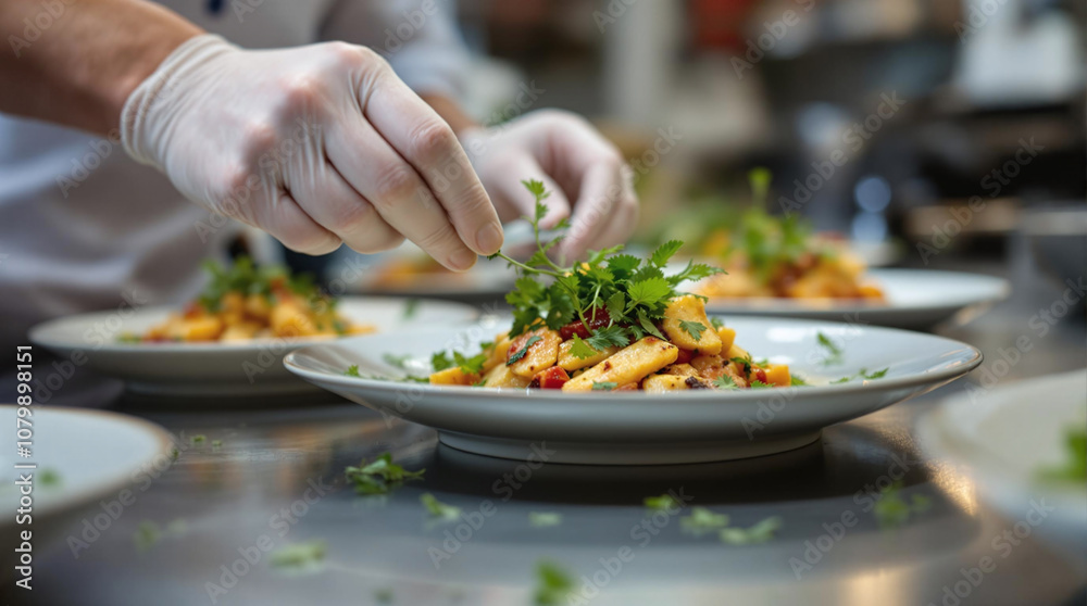 Close-up of chef’s hands garnishing plate with herbs, culinary artistry and precision, stock photo Close-up of chef’s hands garnishing plate with herbs, culinary artistry and precision, stock photo