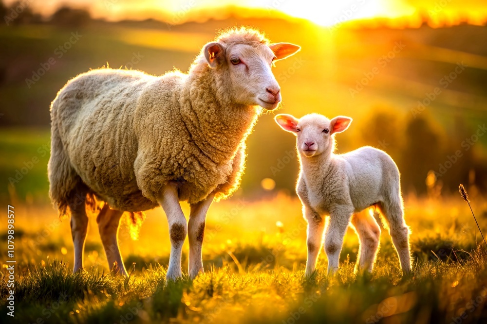 Lamb with Mother in Sunrise Field - AI Photo Lamb with Mother in Sunrise Field - AI Photo