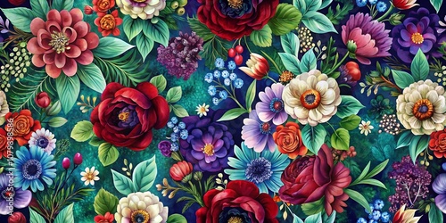 A Vibrant Tapestry of Blooming Flowers in Vivid Hues and Lush Greenery Against a Rich Blue Background