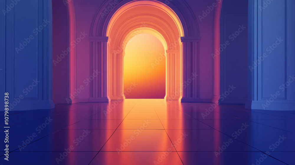 stunning arched doorway glows with warm hues of orange and purple, creating serene atmosphere. reflective floor enhances beauty of this architectural space, inviting exploration stunning arched doorway glows with warm hues of orange and purple, creating serene atmosphere. reflective floor enhances beauty of this architectural space, inviting exploration